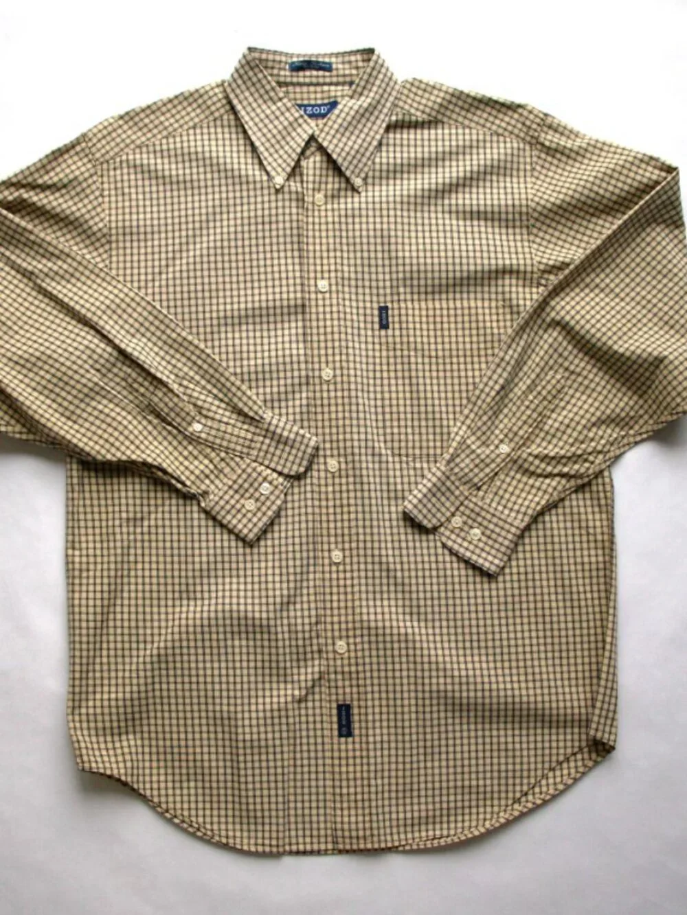 IZOD Cream & Navy Micro Tartan Plaid 100% Cotton Casual Shirt Button Down Collar - Picture 1 of 6